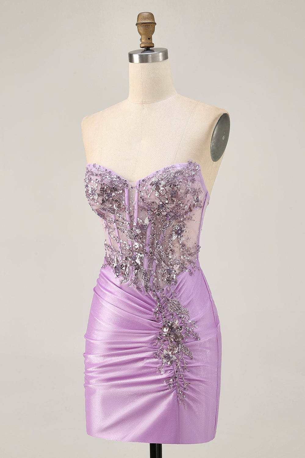 Sparkly Lilac Corset Tight Ruched Short Homecoming Dress with Beading