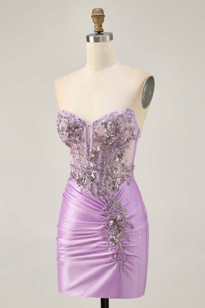 Sparkly Lilac Corset Tight Ruched Short Homecoming Dress with Beading