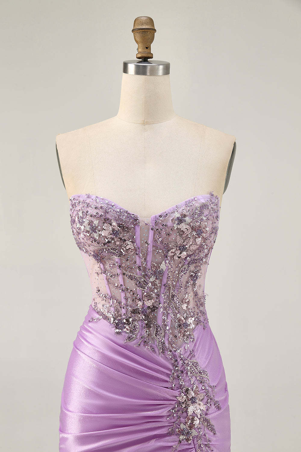 Sparkly Lilac Corset Tight Ruched Short Homecoming Dress with Beading