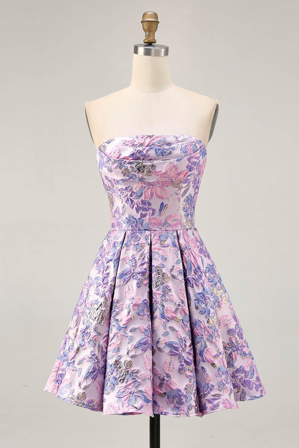 Lilac Floral Strapless Ruched Jacquard Short Homecoming Dress