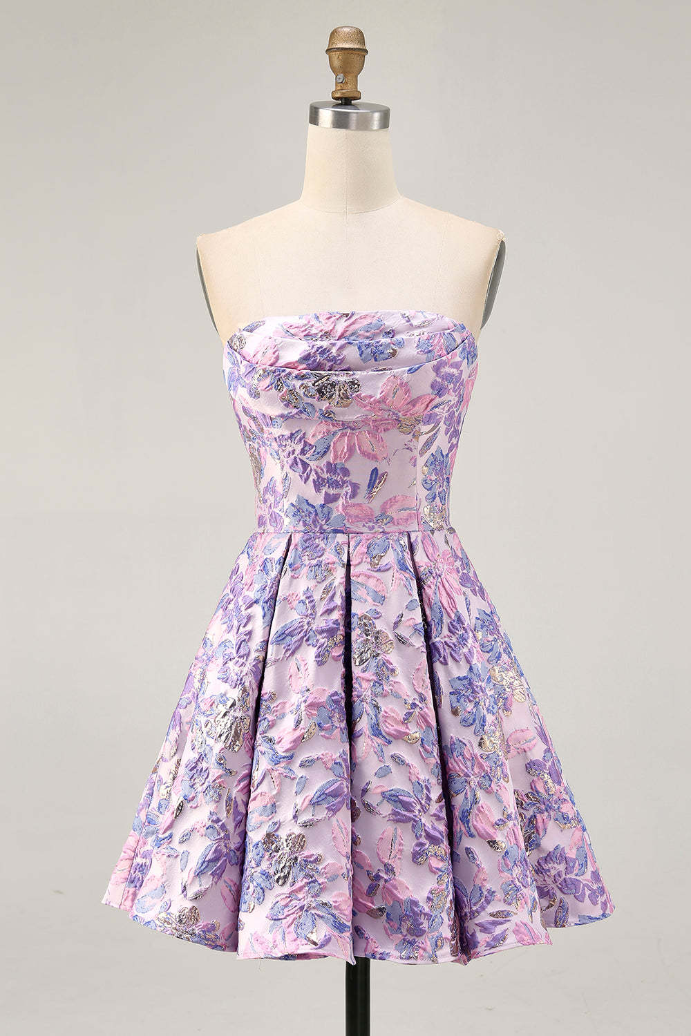 Leely Women Lilac Floral Short Jacquard Homecoming Dress Strapless A Line Ruched Cocktail Dress
