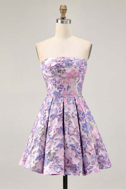Leely Women Lilac Floral Short Jacquard Homecoming Dress Strapless A Line Ruched Cocktail Dress