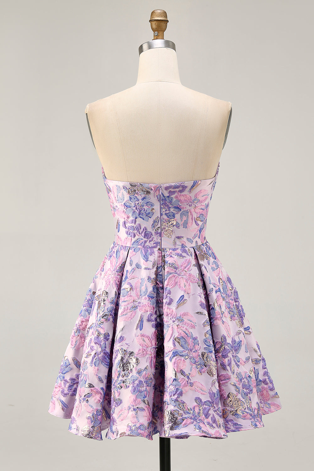 Lilac Floral Strapless Ruched Jacquard Short Homecoming Dress