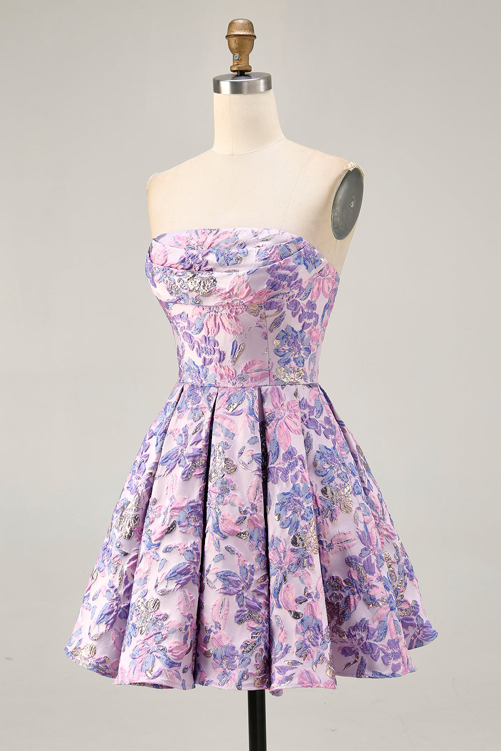 Lilac Floral Strapless Ruched Jacquard Short Homecoming Dress