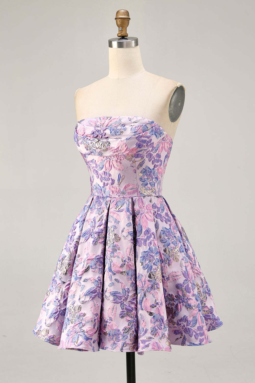 Lilac Floral Strapless Ruched Jacquard Short Homecoming Dress