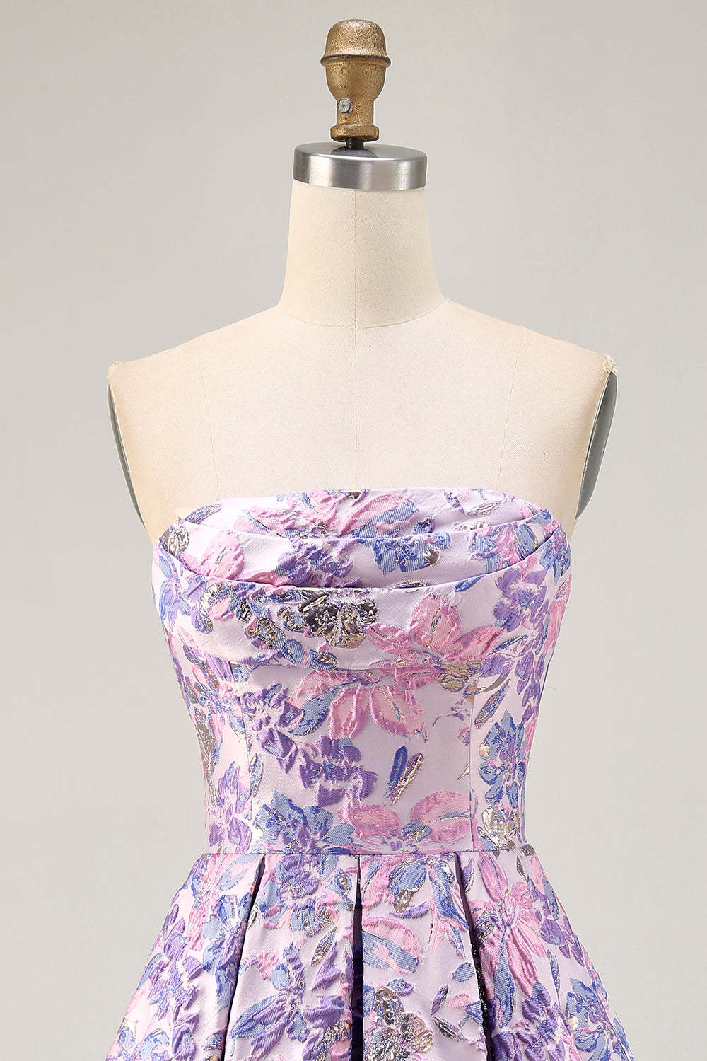 Lilac Floral Strapless Ruched Jacquard Short Homecoming Dress