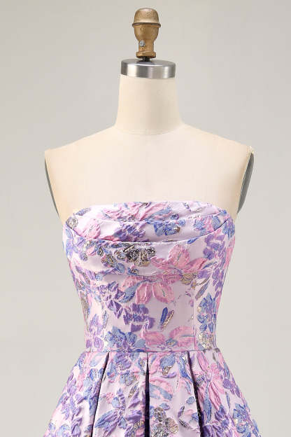 Lilac Floral Strapless Ruched Jacquard Short Homecoming Dress