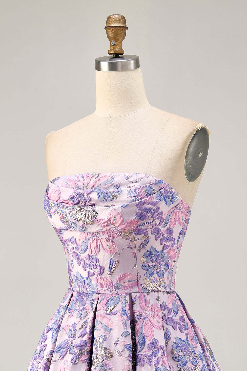 Lilac Floral Strapless Ruched Jacquard Short Homecoming Dress