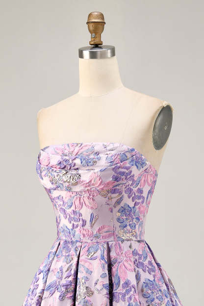 Lilac Floral Strapless Ruched Jacquard Short Homecoming Dress