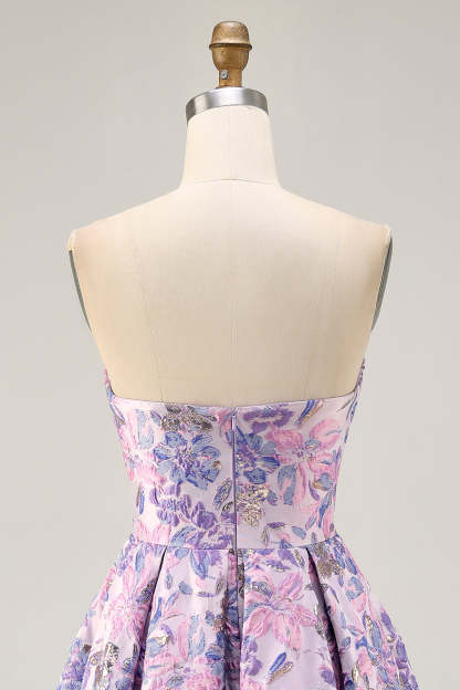Lilac Floral Strapless Ruched Jacquard Short Homecoming Dress
