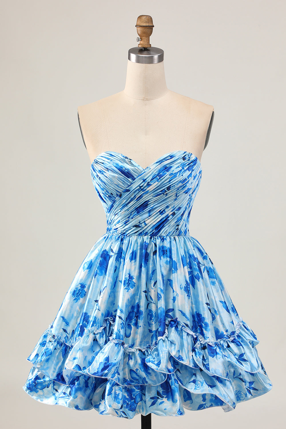 Leely Women Blue Floral Short Tiered Homecoming Dress with Ruffles Sweetheart A Line Ruched Cocktail Dress