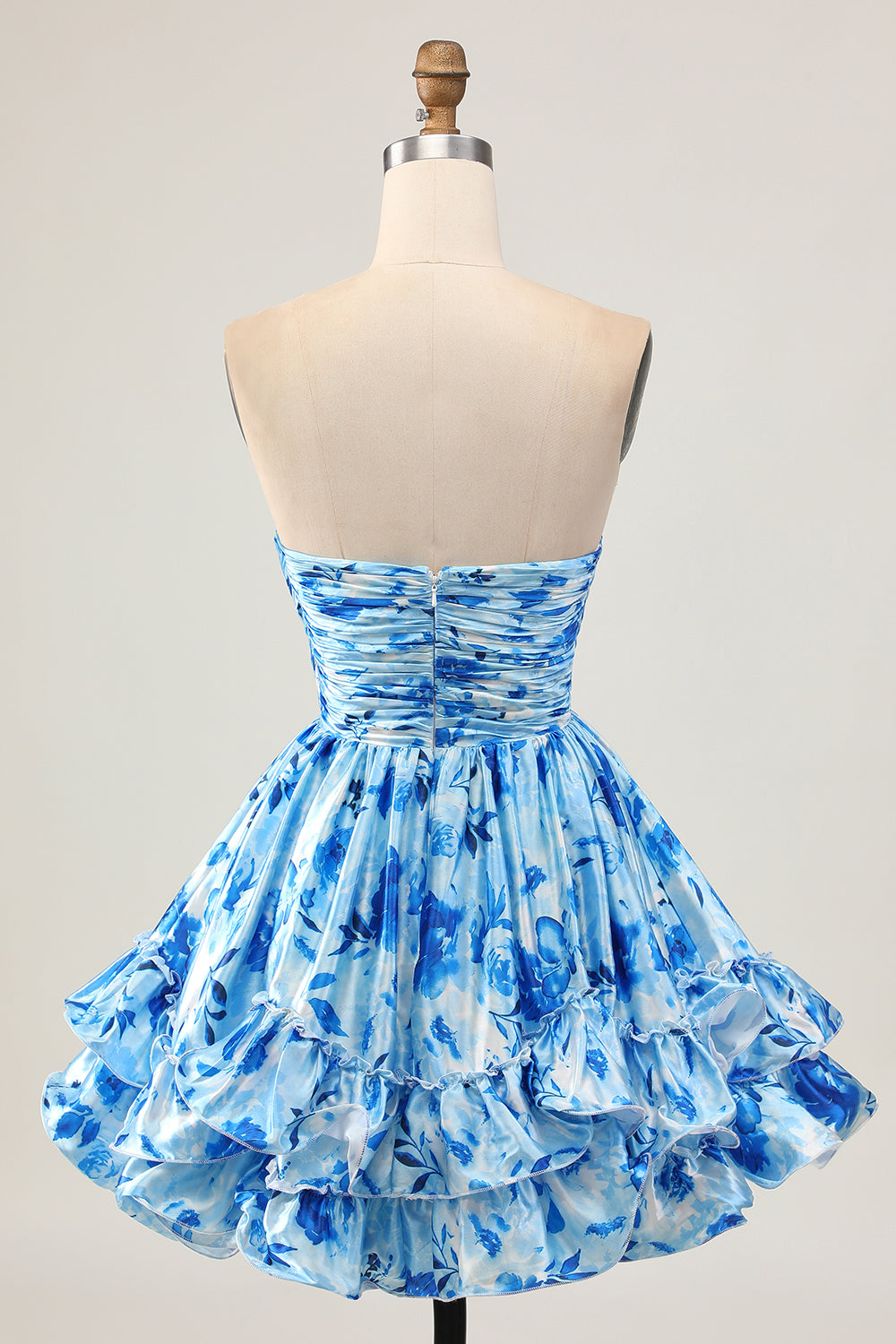 Blue Floral Sweetheart Ruched Short Tiered Homecoming Dress with Ruffles