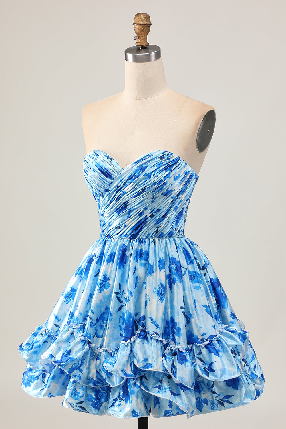 Blue Floral Sweetheart Ruched Short Tiered Homecoming Dress with Ruffles
