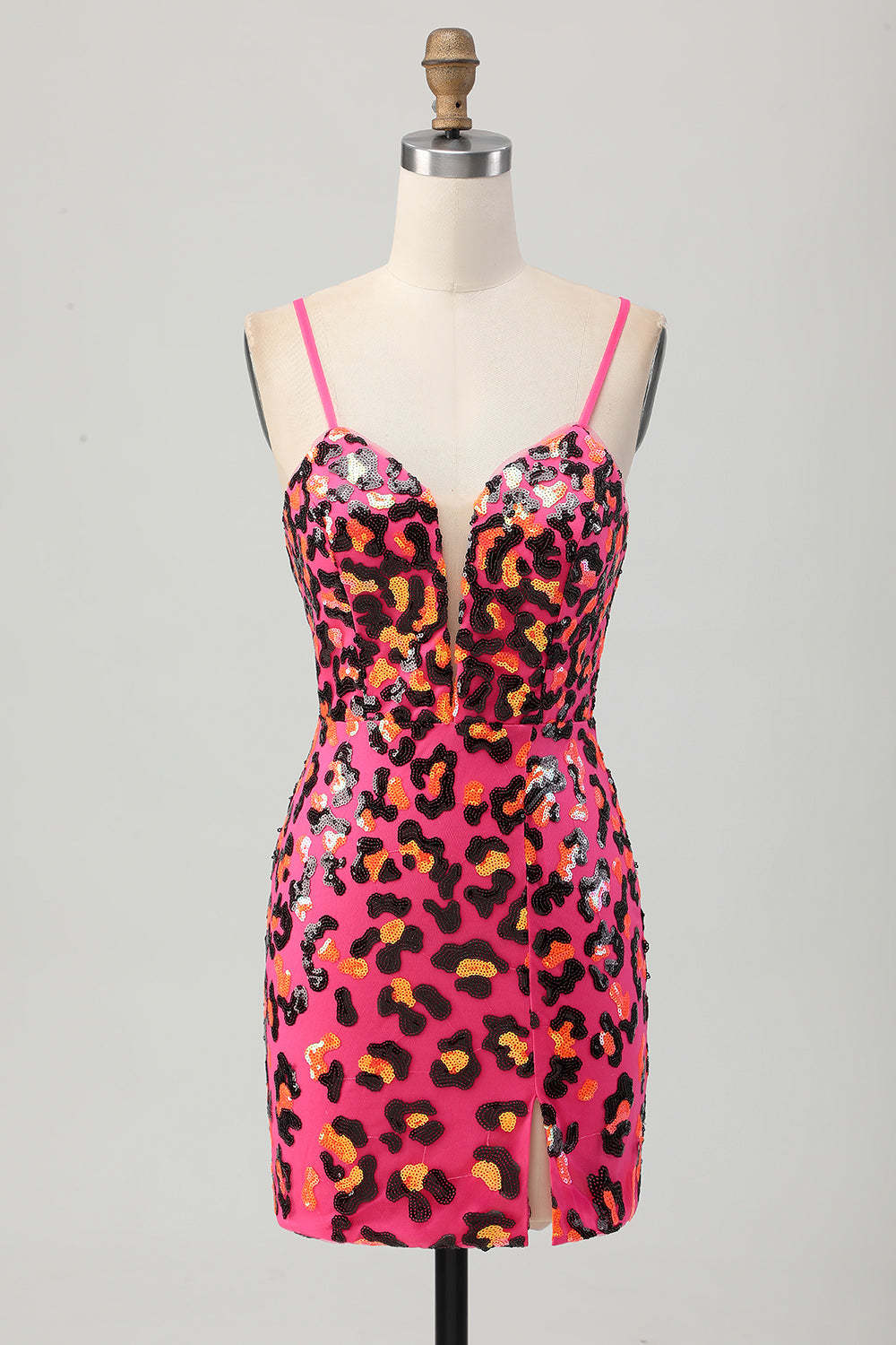 Leely Women Sparkly Fuchsia Leopard Tight Short Corset Homecoming Dress Sequined Spaghetti Straps Cocktail Dress with Slit