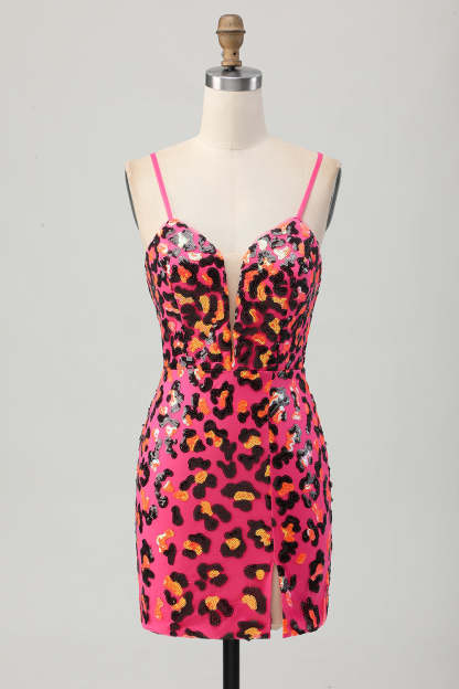 Leely Women Sparkly Fuchsia Leopard Tight Short Corset Homecoming Dress Sequined Spaghetti Straps Cocktail Dress with Slit