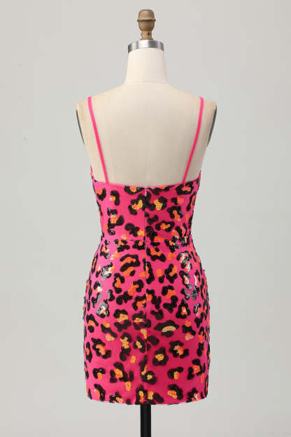 Sparkly Fuchsia Leopard Sequined Tight Short Homecoming Dress