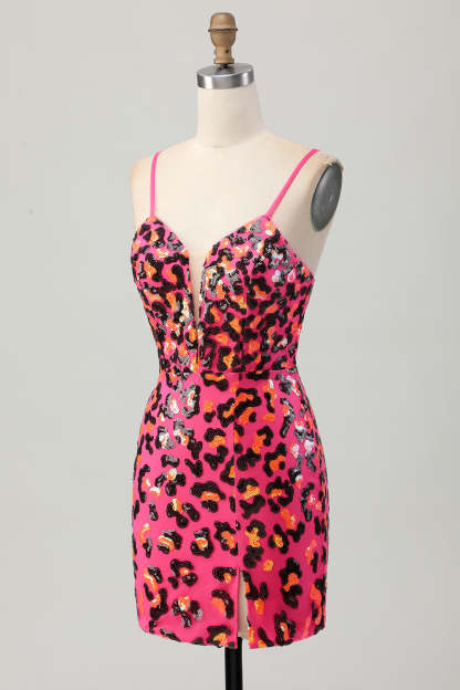 Sparkly Fuchsia Leopard Sequined Tight Short Homecoming Dress