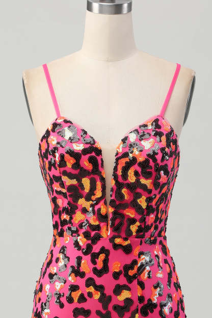 Sparkly Fuchsia Leopard Sequined Tight Short Homecoming Dress