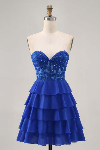 Leely Women Sparkly Royal Blue Corset Tiered Short Homecoming Dress with Beading A Line Sweetheart Chiffon Ruffled Lace Up Back Cocktail Dress
