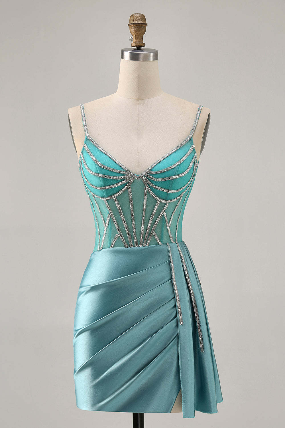 Leely Women Sparkly Green Satin Corset Short Homecoming Dress with Beading Tight Spaghetti Straps Ruched Cocktail Dress with Drape