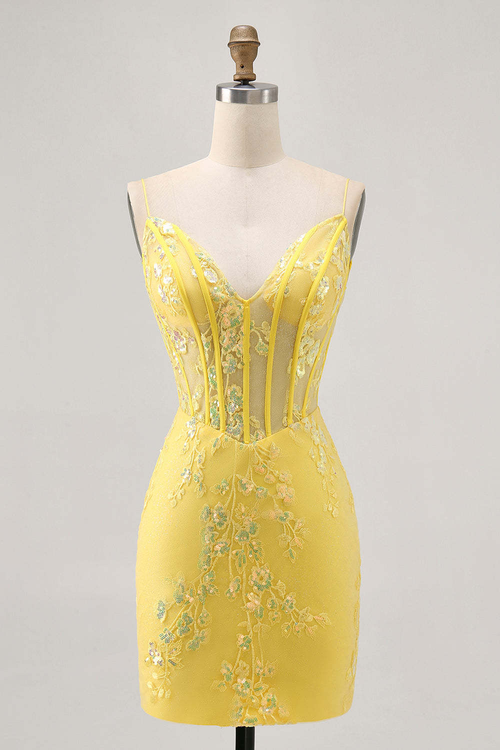 Leely Women Sparkly Yellow Corset Short Tight Homecoming Dress with Sequins Lace Floral Spaghetti Straps Cocktail Dress