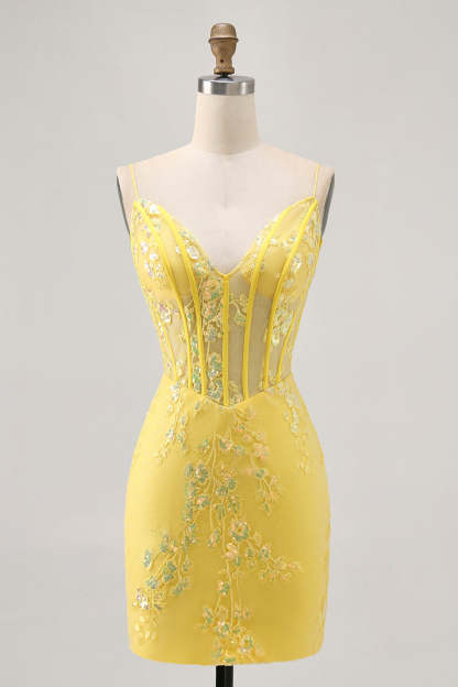 Leely Women Sparkly Yellow Corset Short Tight Homecoming Dress with Sequins Lace Floral Spaghetti Straps Cocktail Dress