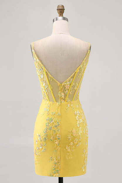 Sparkly Yellow Corset Tight Floral Short Homecoming Dress with Sequins