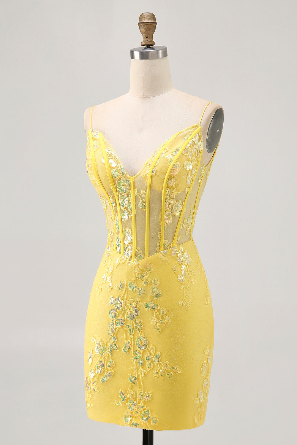 Sparkly Yellow Corset Tight Floral Short Homecoming Dress with Sequins