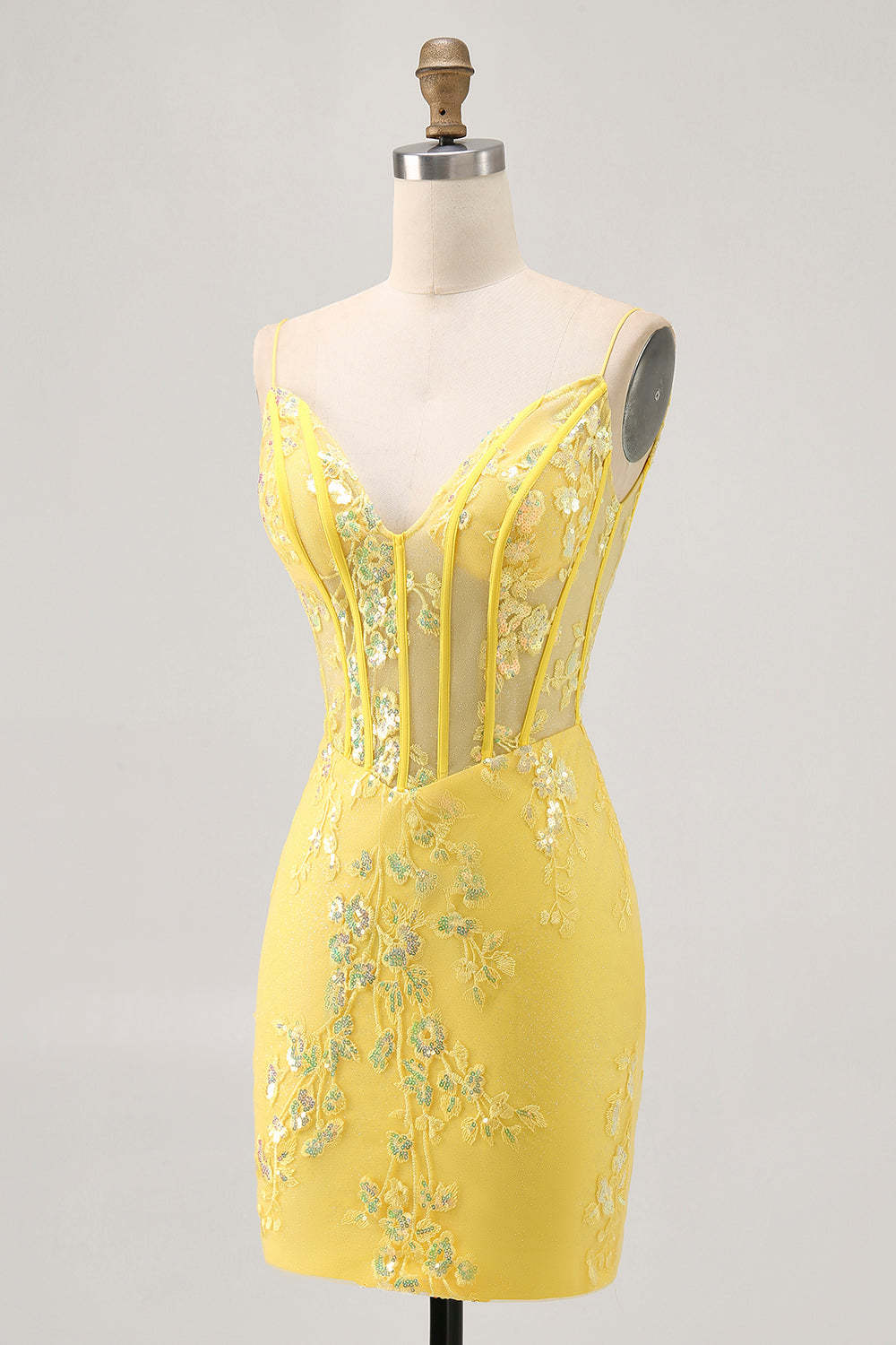 Sparkly Yellow Corset Tight Floral Short Homecoming Dress with Sequins