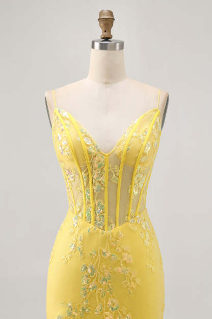 Sparkly Yellow Corset Tight Floral Short Homecoming Dress with Sequins