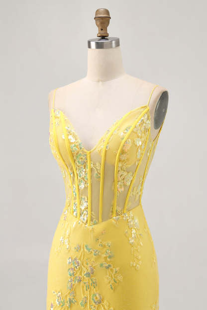 Sparkly Yellow Corset Tight Floral Short Homecoming Dress with Sequins