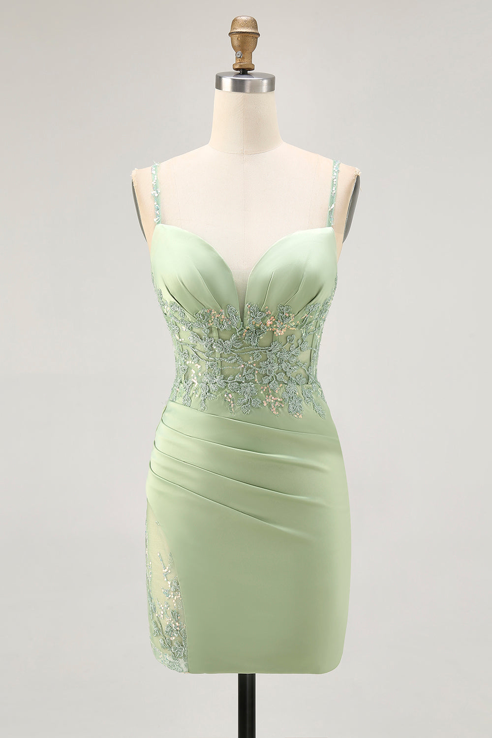 Leely Women Sparkly Matcha Short Corset Homecoming Dress with Lace Satin Ruched Spaghetti Straps Tight Cocktail Dress with Sequins