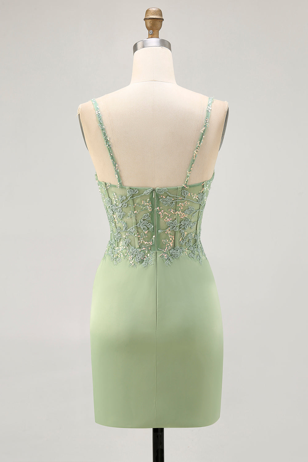 Sparkly Matcha Satin Tight Short Corset Homecoming Dress with Lace