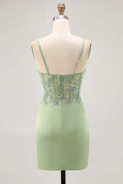 Sparkly Matcha Satin Tight Short Corset Homecoming Dress with Lace