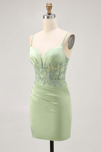 Sparkly Matcha Satin Tight Short Corset Homecoming Dress with Lace