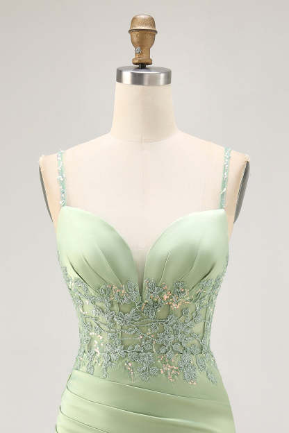 Sparkly Matcha Satin Tight Short Corset Homecoming Dress with Lace