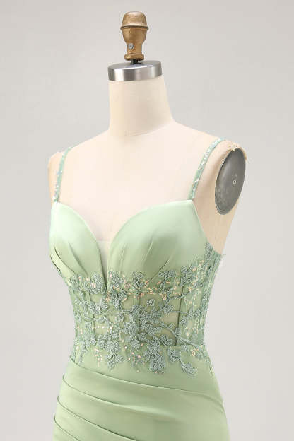 Sparkly Matcha Satin Tight Short Corset Homecoming Dress with Lace