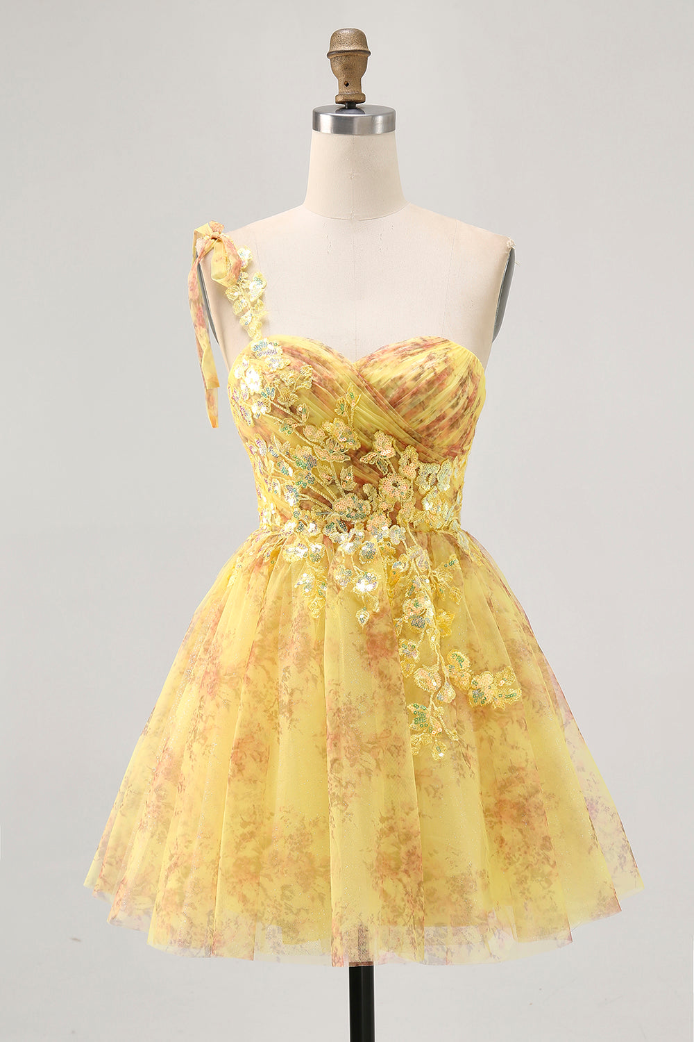 Sparkly Yellow Floral One Shoulder A Line Short Homecoming Dress with Sequins