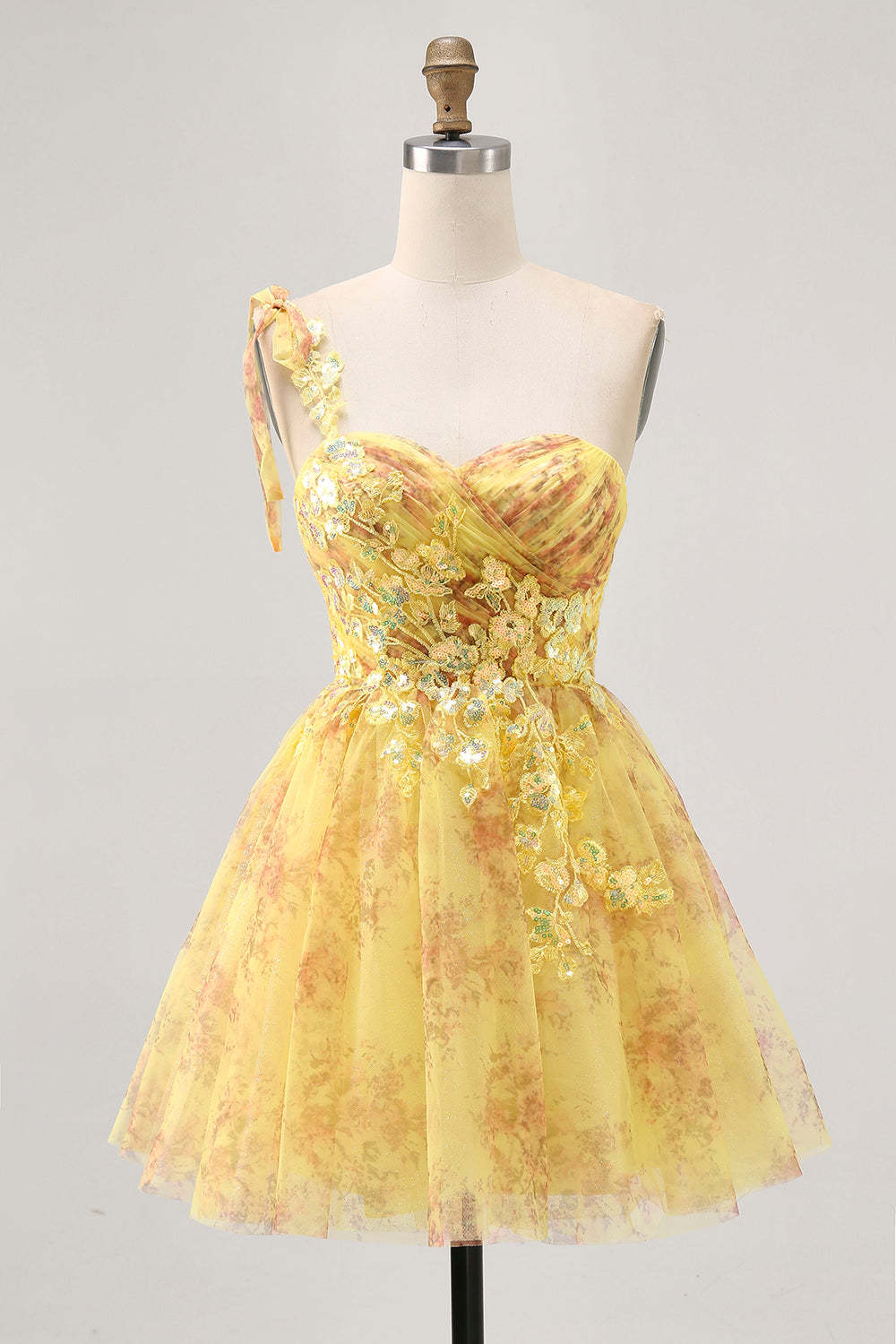Leely Women Sparkly Yellow Floral Short Homecoming Dress with Bow Sequined One Shoulder Ruched Lace Up Back A Line Cocktail Dres