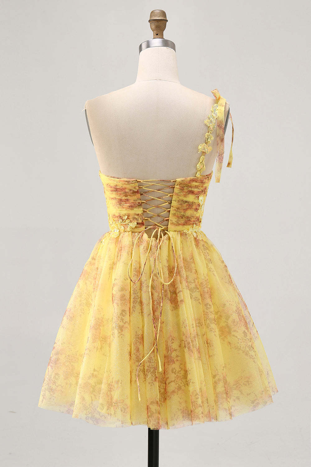 Sparkly Yellow Floral One Shoulder A Line Short Homecoming Dress with Sequins