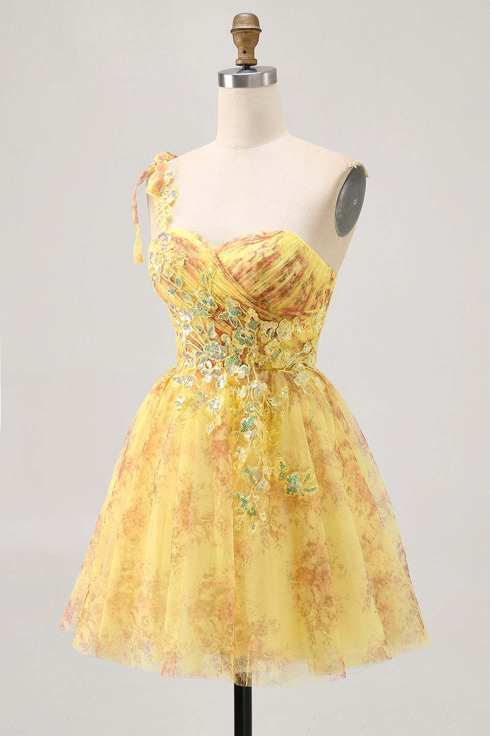 Sparkly Yellow Floral One Shoulder A Line Short Homecoming Dress with Sequins
