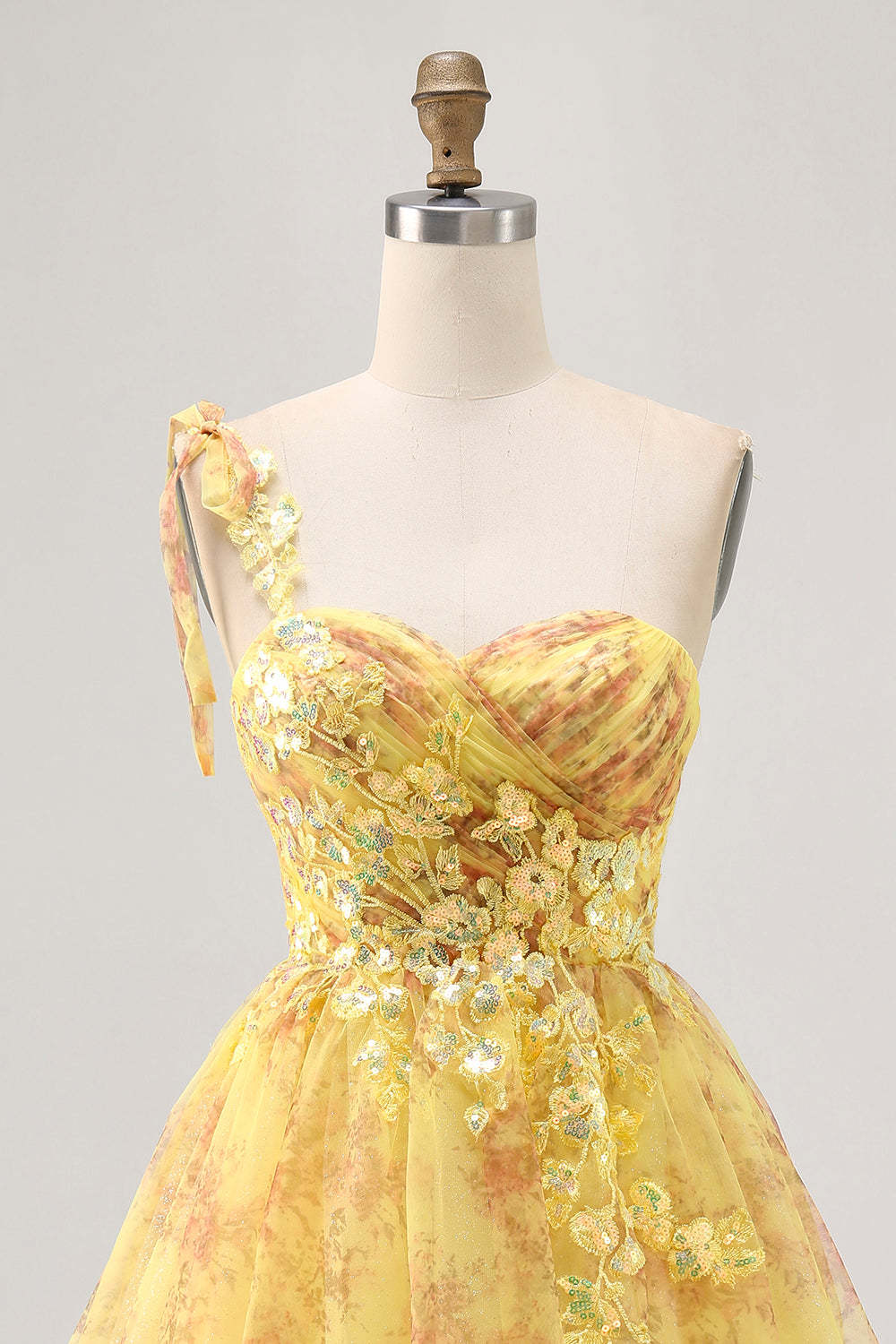 Sparkly Yellow Floral One Shoulder A Line Short Homecoming Dress with Sequins