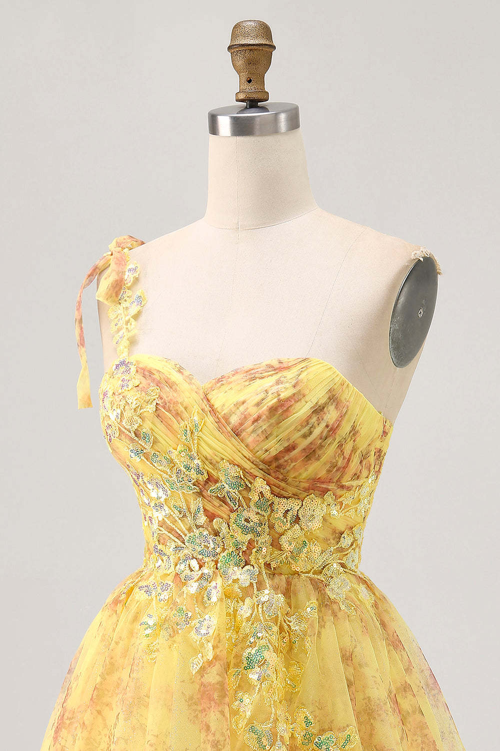 Sparkly Yellow Floral One Shoulder A Line Short Homecoming Dress with Sequins