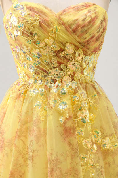 Sparkly Yellow Floral One Shoulder A Line Short Homecoming Dress with Sequins