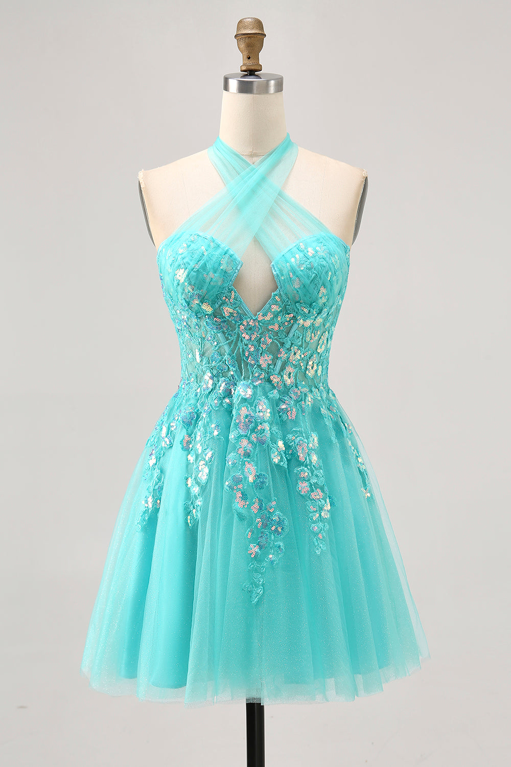 Sparkly Green Halter A Line Short Corset Homecoming Dress with Sequins