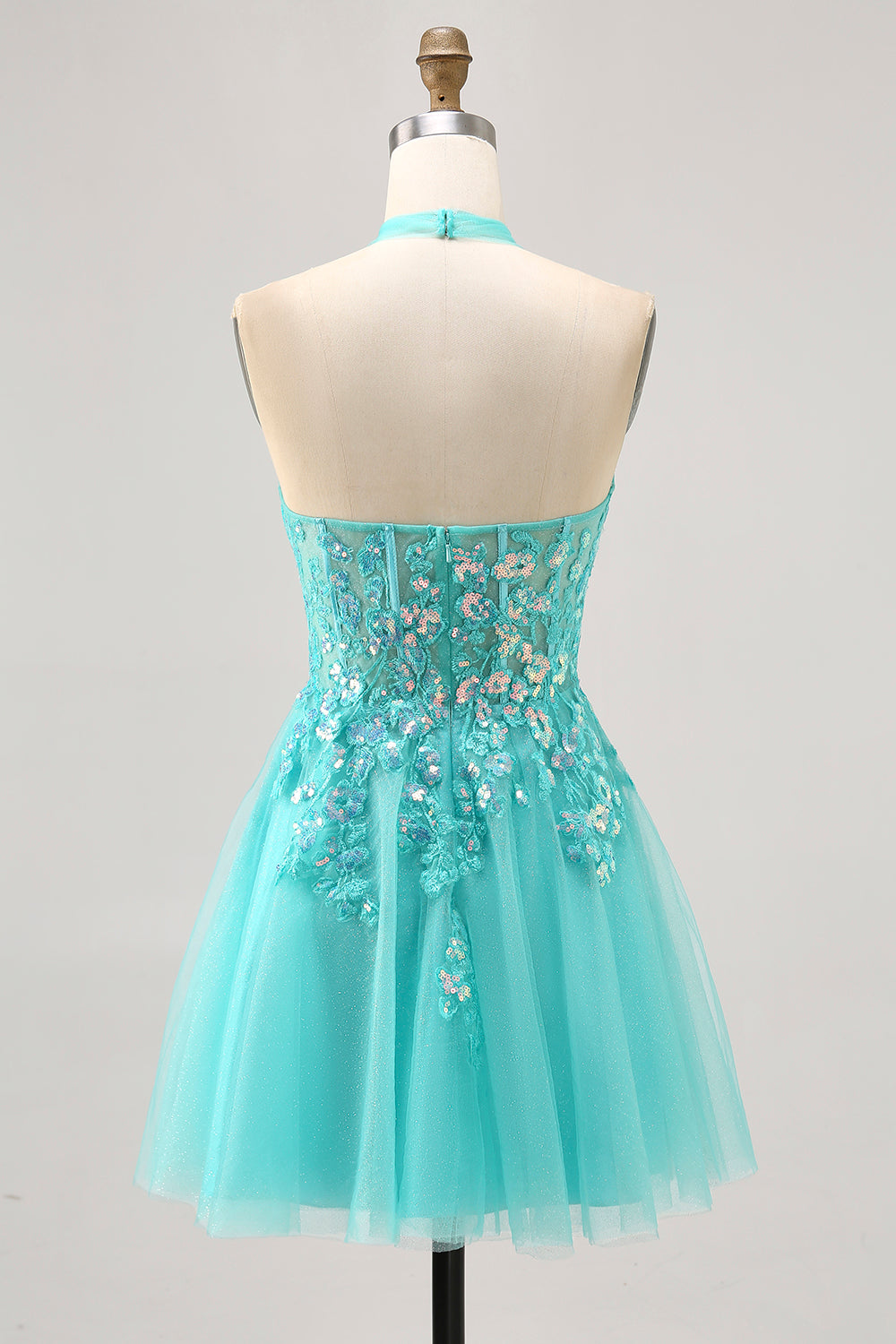 Sparkly Green Halter A Line Short Corset Homecoming Dress with Sequins