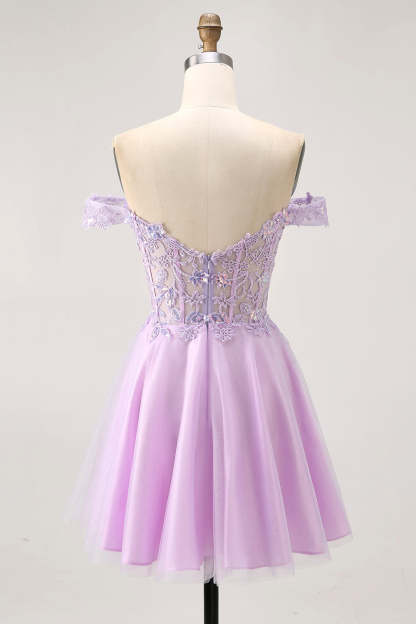 Glitter Lilac A Line Appliqued Short Corset Homecoming Dress with Sequins