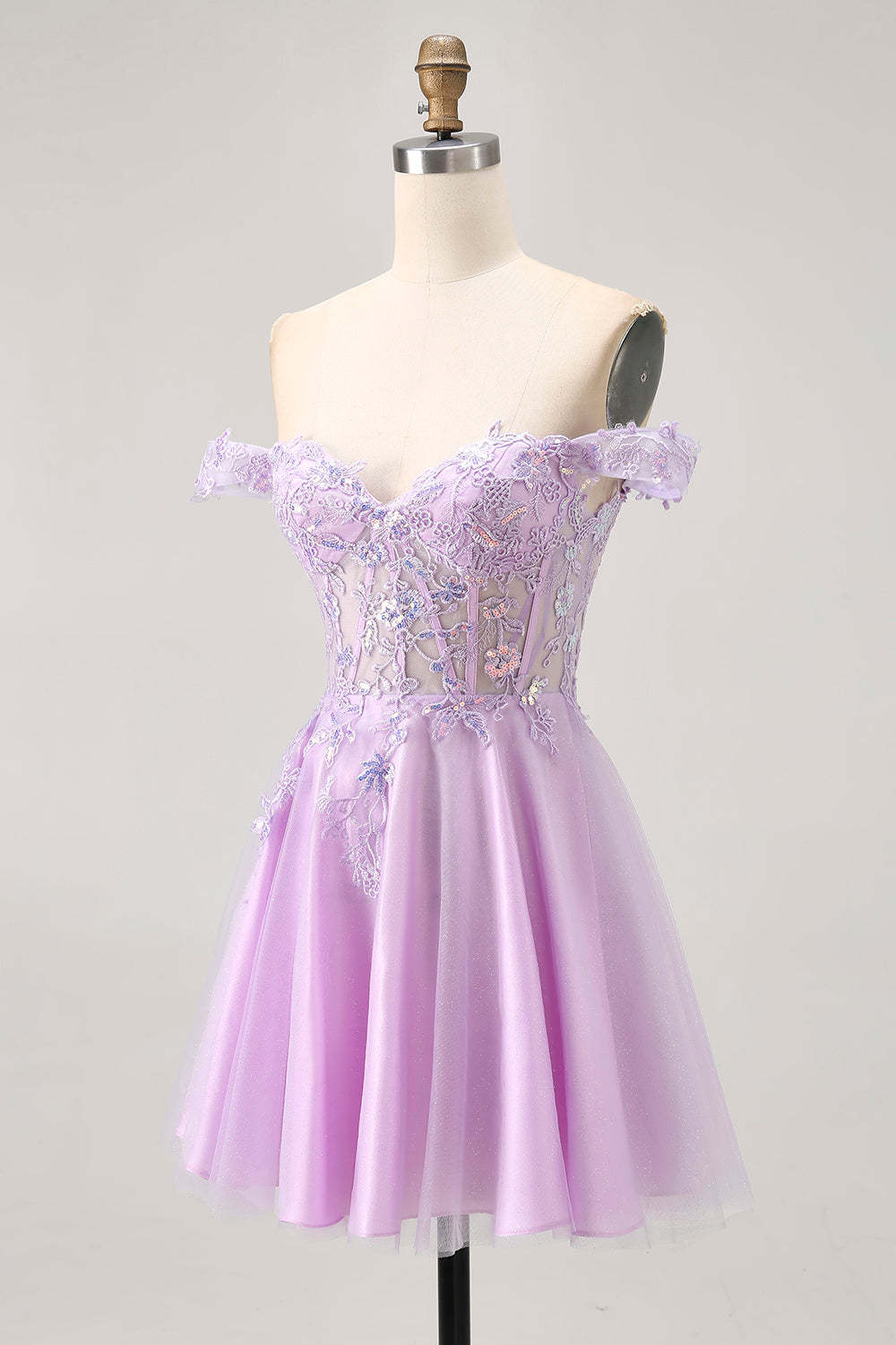 Glitter Lilac A Line Appliqued Short Corset Homecoming Dress with Sequins