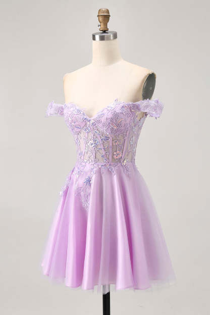 Glitter Lilac A Line Appliqued Short Corset Homecoming Dress with Sequins