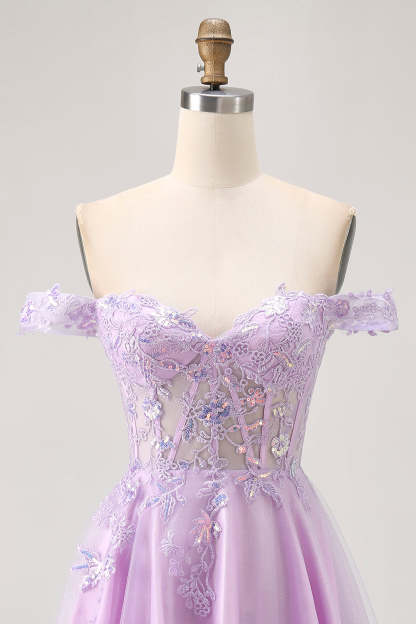 Glitter Lilac A Line Appliqued Short Corset Homecoming Dress with Sequins